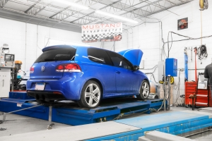 Blue VW GTi on Mustang AWD 4WD Dyno Dynamometer