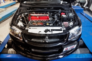 DR EVO 9 Front shot of engine bay on Mustang AWD 4WD Dyno Dynamometer