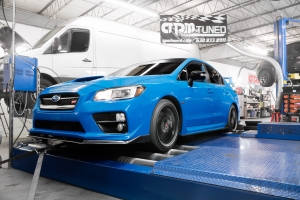 Blue Subaru STi on Mustang AWD 4WD Dyno Dynamometer
